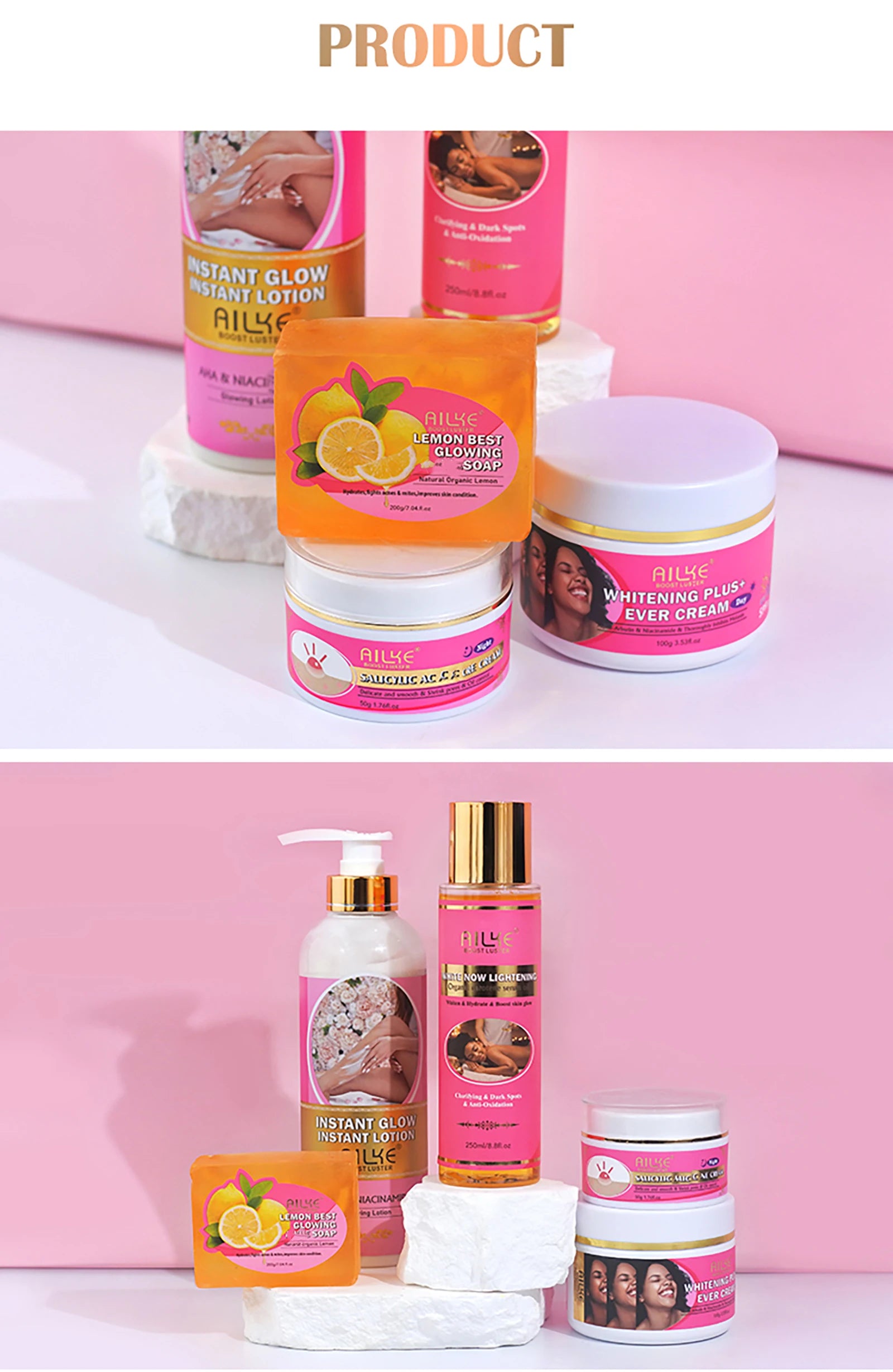 AILKE AHA Organic Skin Brightening Set, Whitening Lotion, Reduce Dark Spots, Clarify, Cleaning, Moisturizing, for All Skin Types