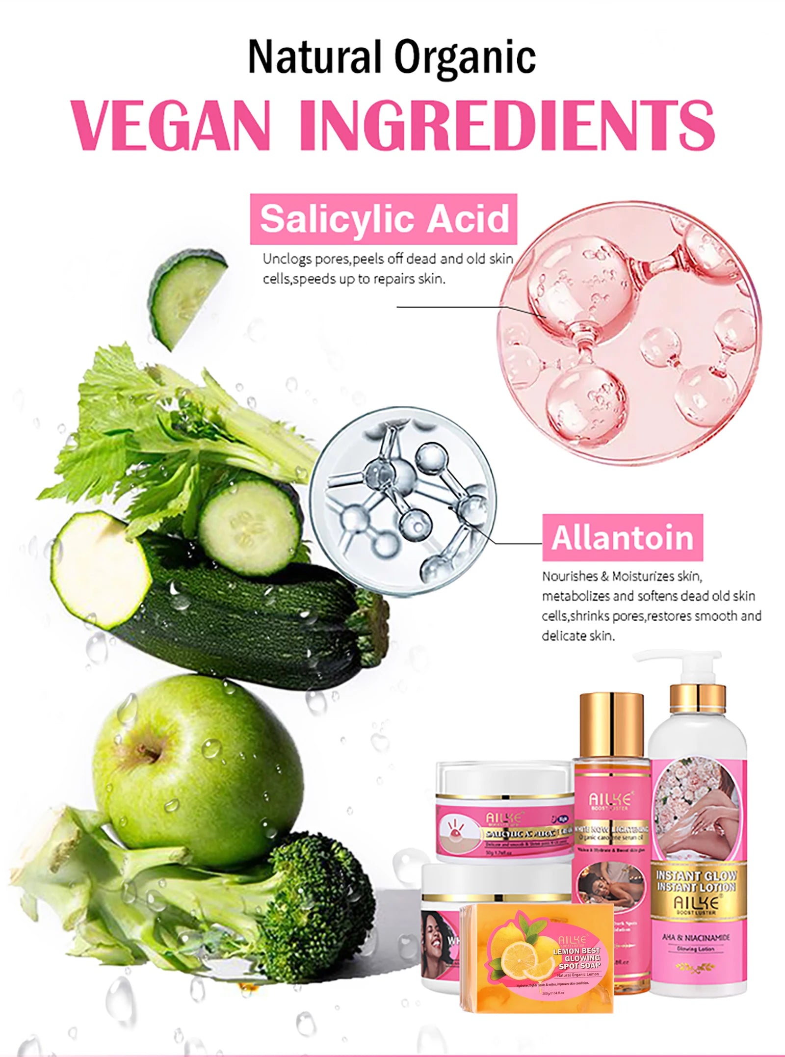 AILKE AHA Organic Skin Brightening Set, Whitening Lotion, Reduce Dark Spots, Clarify, Cleaning, Moisturizing, for All Skin Types