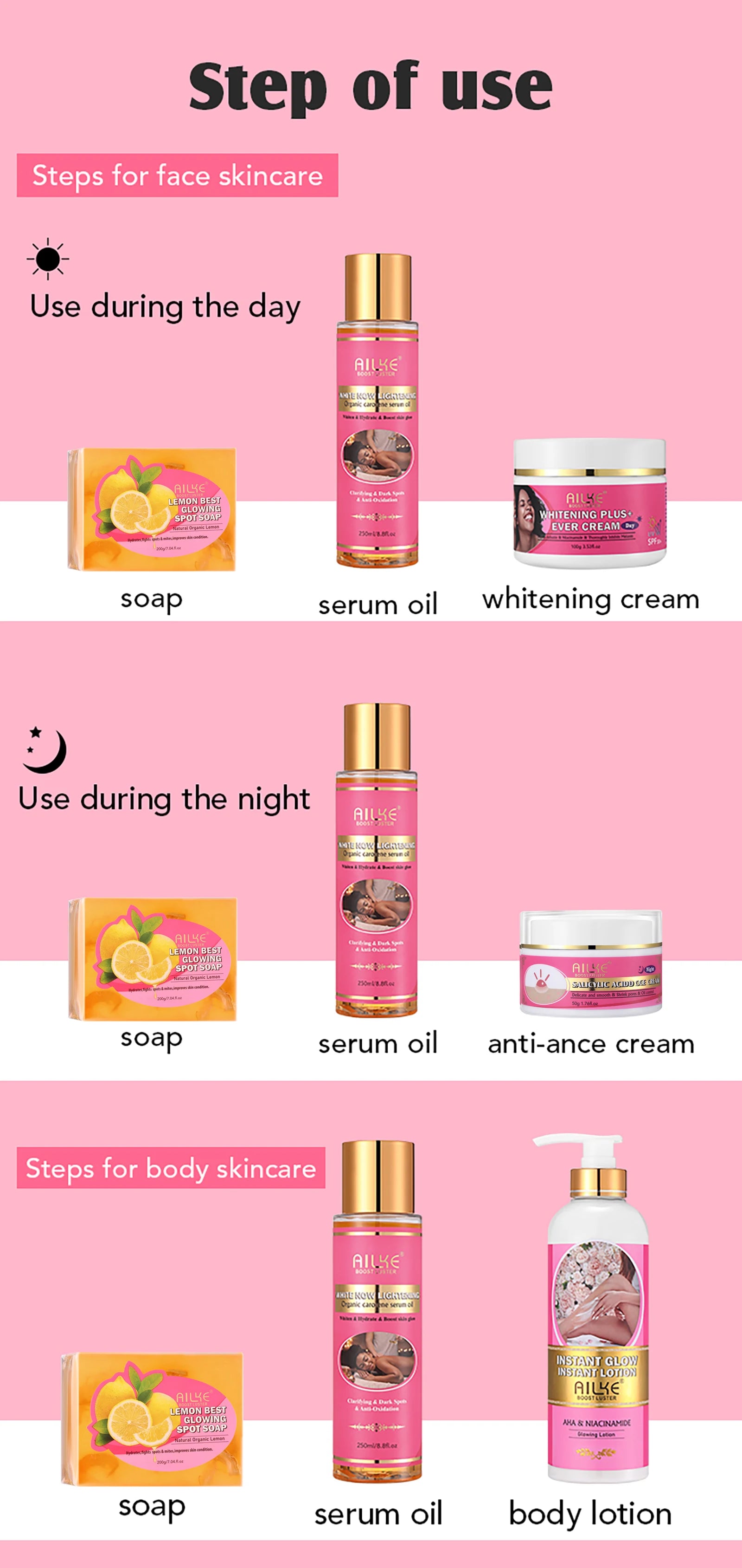 AILKE AHA Organic Skin Brightening Set, Whitening Lotion, Reduce Dark Spots, Clarify, Cleaning, Moisturizing, for All Skin Types