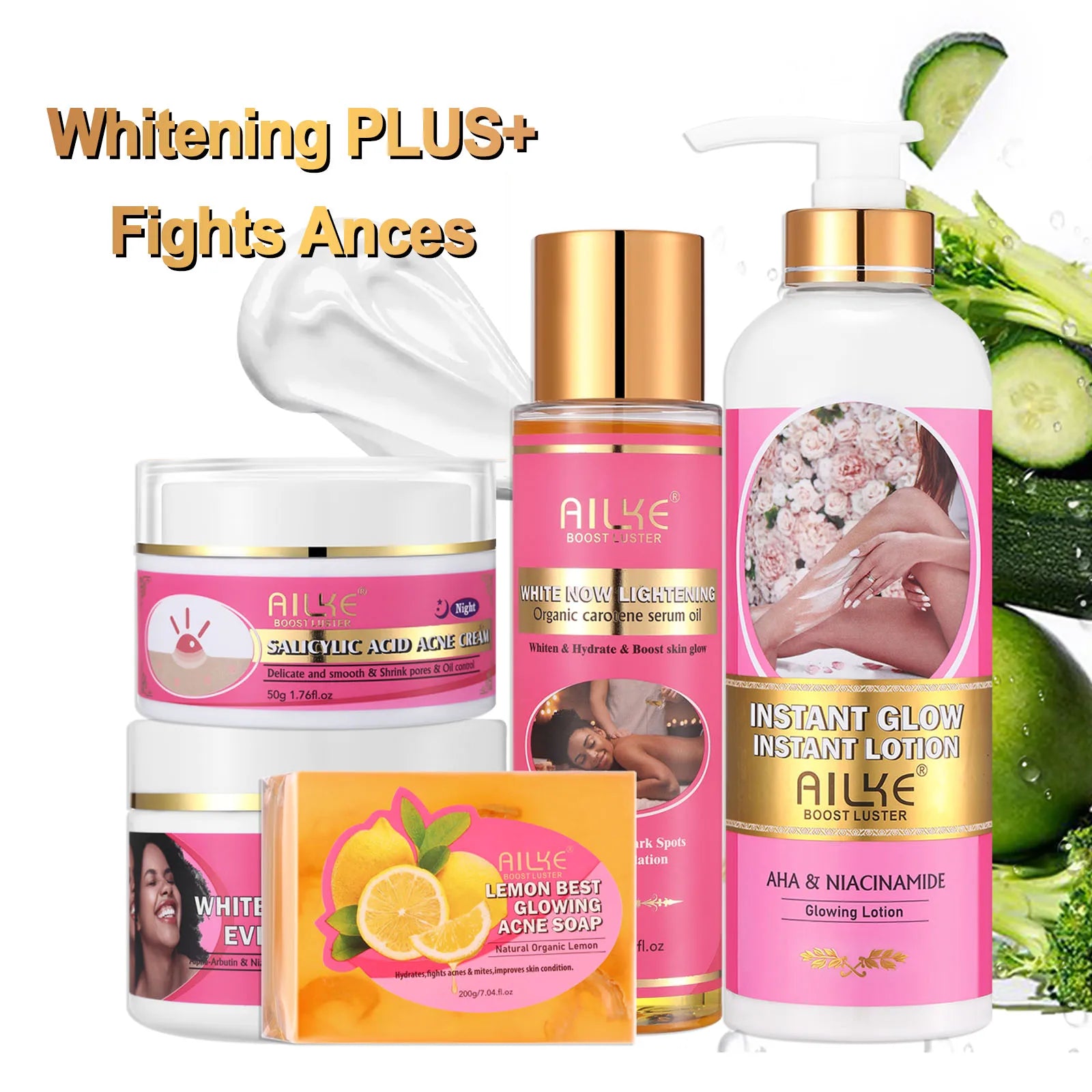 AILKE AHA Organic Skin Brightening Set, Whitening Lotion, Reduce Dark Spots, Clarify, Cleaning, Moisturizing, for All Skin Types