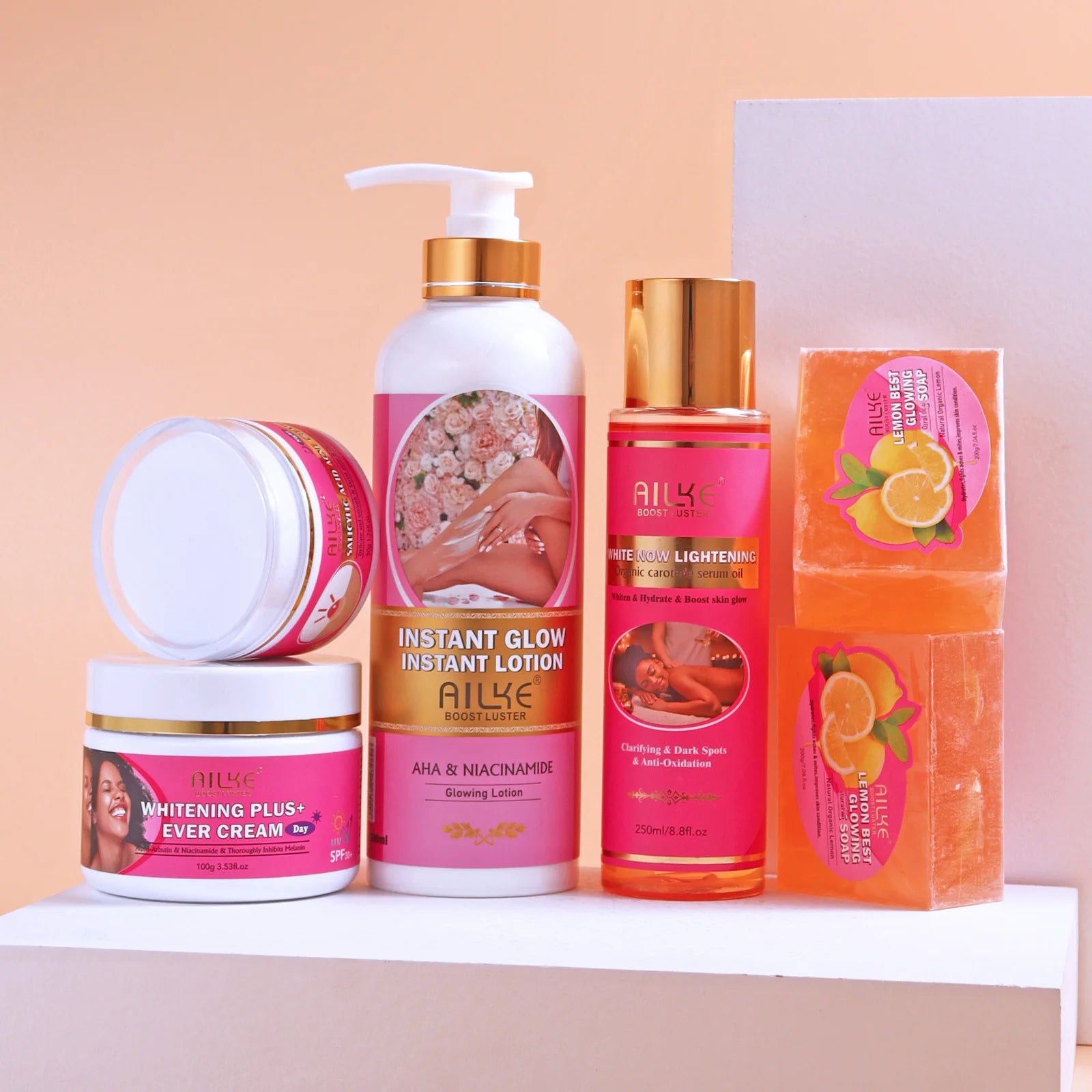 AILKE AHA Organic Skin Brightening Set, Whitening Lotion, Reduce Dark Spots, Clarify, Cleaning, Moisturizing, for All Skin Types